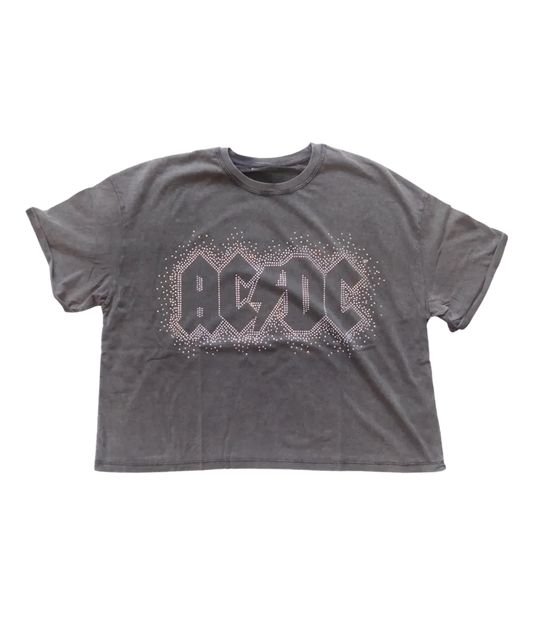AC/DC Diamante Logo Ladies Grey Crop Shirt