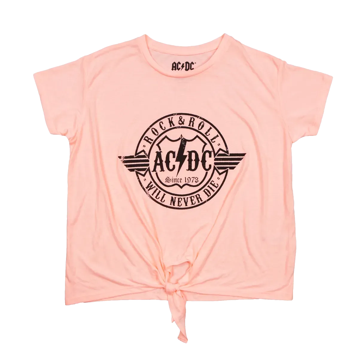 Ladies Coral Rock & Roll Will Never Die Front Tie Up T-Shirt