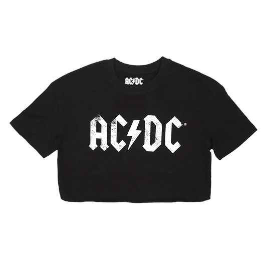 White Distressed Logo Ladies Black Crop Top